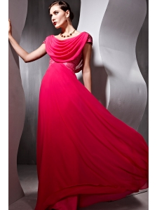 Coral Red Empire Scoop Floor-length Chiffon Beading Prom Dress