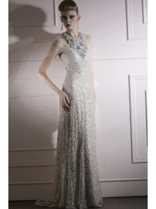 Silver Column / Sheath Scoop Brush Train  Sequins Lace and Tulle Prom / Evening Dress
