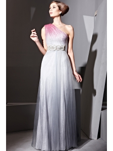 Grey Column One Shoulder Floor-length Tulle Beading Prom Dress