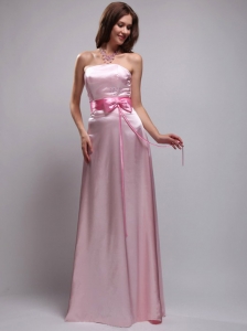 Simple Empire Strapless Floor-length Taffeta Bow Pink Bridesmaid Dress