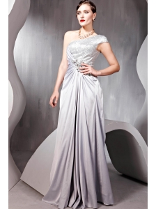 Grey Empire One Shoulder Floor-length Elastic Woven Satin Sequins and Rhinestone Prom / Party Dress