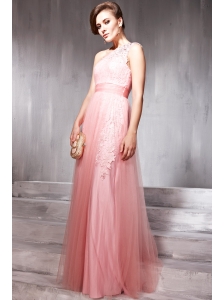 Baby Pink Empire One Shoulder Floor-length Tulle Lace and Beading Prom/Pageant Dress