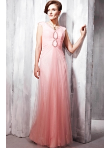 Watermelon Empire V-neck Floor-length Tulle Beading Prom / Party Dress