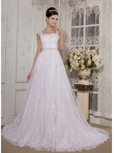 Pretty A-Line / Princess Square Court Train Satin and Lace Wedding Dress