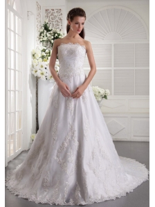 Popular A-line / Princess Strapless Chapel Train Satin and Lace Beading Wedding Dress