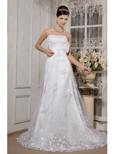 Beautiful A-Line / Princess Strapless Sweep / Brush Train Satin and Lace Wedding Dress