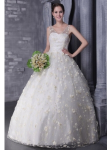 Pretty  A-Line / Princess V-neck Floor-length Tulle and Taffeta Beading  and Hand Flowers Wedding Dress