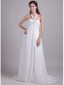 Formal Empire Halter Brush Train Chiffon Beading Beach Wedding Dress