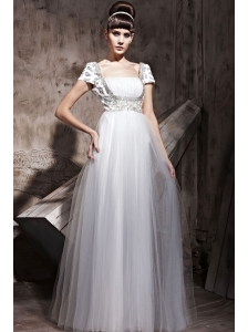 White Empire Square Floor-length Tulle Rhinestones Prom Dress