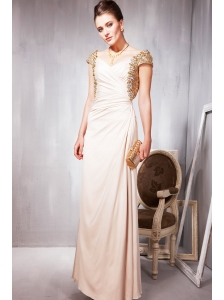 Champagne Empire V- neck Floor-length Chiffon Beading Prom Dress