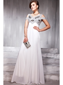 White Empire V-neck Floor-length Chiffon Beading Prom / Evening Dress