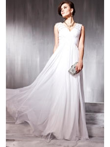 White Empire V-neck Floor-length Chiffon Beading Prom / Party Dress