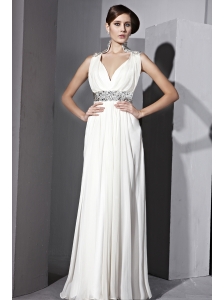 White Empire V-neck Floor-length Chiffon Rhinestones Prom / Evening Dress