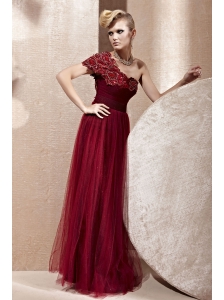 Wine Red Column / Sheath One Shoulder Floor-length Tulle Beading Prom / Evening Dress