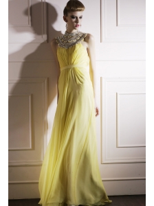 Light Yellow Empire High-neck Floor-length Chiffon Beading Prom Dress