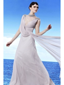 Grey Empire High Neck Floor-length Chiffon Beading Prom Dress