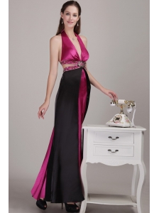 Fuchsia and Black Empire Halter Ankle-length Elastic Woven Satin Beading Prom Dress