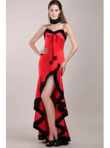 Red and Black Column Straps High-low Beading Prom Dress