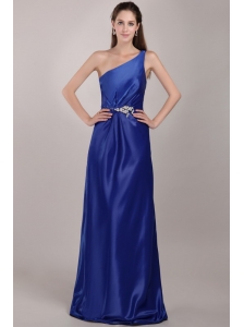 Royal Blue Empire One Shoulder Floor-length Taffeta Beading Prom Dress
