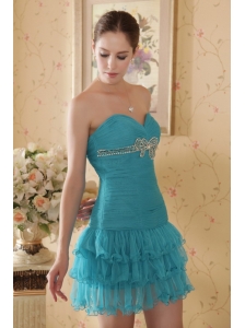 Teal Column Sweetheart Mini-length Organza Beading and Ruch Prom / Cocktail Dress