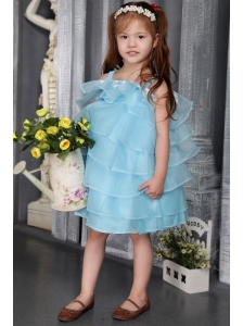 Aqua A-line / Princess Straps Knee-length Organza Beading Flower Girl Dress