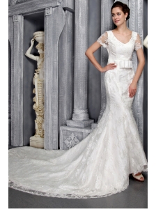 Beautiful Column/Sheath V-neck Chapel Train Lace Sash Wedding Dress