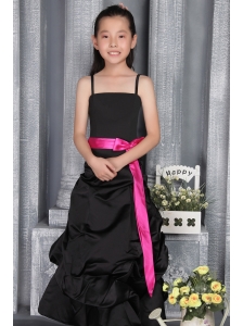 Black A-line / Princess Straps Floor-length Satin Belt Flower Girl Dress