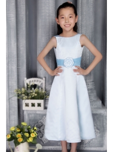 Light Blue A-line / Princess Scoop Tea-length Satin Belt Flower Girl  Dress