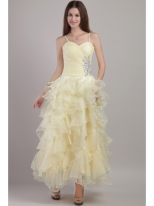 Light Yellow Empire Straps Ankle-length Organza Beading Prom / Evening Dress