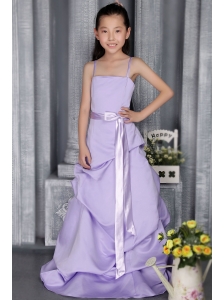 Lilac A-line Straps Brush Train Taffeta Sash Flower Girl Dress