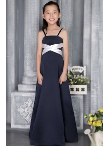 Navy Blue Column Straps Floor-length Satin Flower Girl  Dress