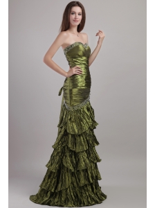 Olive Green Mermaid Sweetheart Brush Train Taffeta Beading and Ruch Prom / Celebrity Dress
