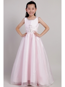 Pink A-line Scoop Ankle-length Taffeta and Organza Beading Flower Girl Dress
