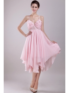 Pink Empire Spaghetti Straps Asymmetrical  Chiffon Beading Prom / Homecoming Dress