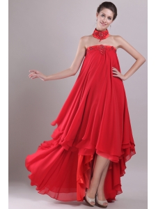 Red A-Line / Princess Strapless High-low Chiffon Embroidery with Beading Prom / Homecoming Dress
