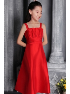 Red A-line / Princess Wide Straps Tea-length Satin Ruch Flower Girl Dress