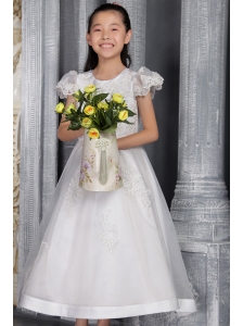 White A-line / Princess Scoop Ankel-length Organza Lace Flower Girl Dress