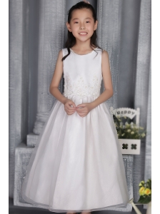 White A-line / Princess Scoop Ankle-length Organza Appliques Flower Girl  Dress