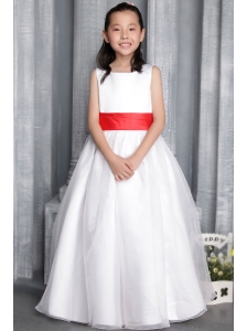 White A-line / Princess Scoop Floor-length Organza Belt Flower Girl  Dress