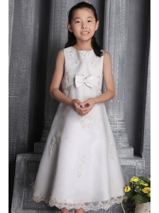 White A-line / Princess Scoop Tea-length Organza Beading Flower Girl Dress
