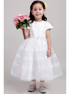 White A-Line / Princess Scoop Tea-length Satin and Lace Hand Made Flower Flower Girl Dress
