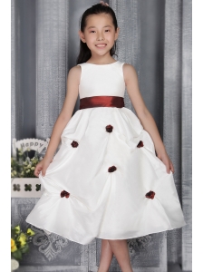 White A-line / Princess Scoop Tea-length Taffeta Belt and Appliques Flower Girl  Dress