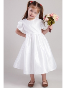 White A-Line / Princess Scoop Tea-length Taffeta Flower Girl  Dress