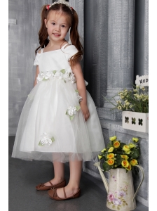 White A-line / Princess Straps Tea-length Tulle Hand Made Flowers Flower Girl Dress