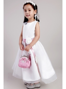 White A-line Scoop Ankle-length Organza Belt and Handle Made Flowers Little Girl Dress