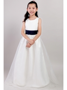 White A-line Scoop Floor-length Organza Belt Little Girl Dress