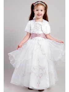 White A-line Square Ankle-length Taffeta and Organza Embroidery Flower Girl Dress