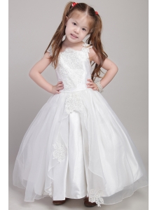 White A-line Straps Ankle-length Taffeta and Organza Appliques Flower Girl Dress