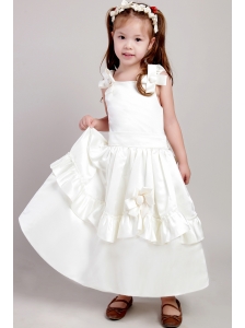 White A-line Straps Ankle-length Taffeta Bow  Flower Girl Dress