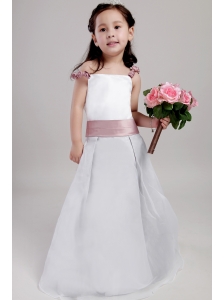White A-line Straps Floor-length Taffeta and Organza Hand Made Flowers Flower Girl Dress